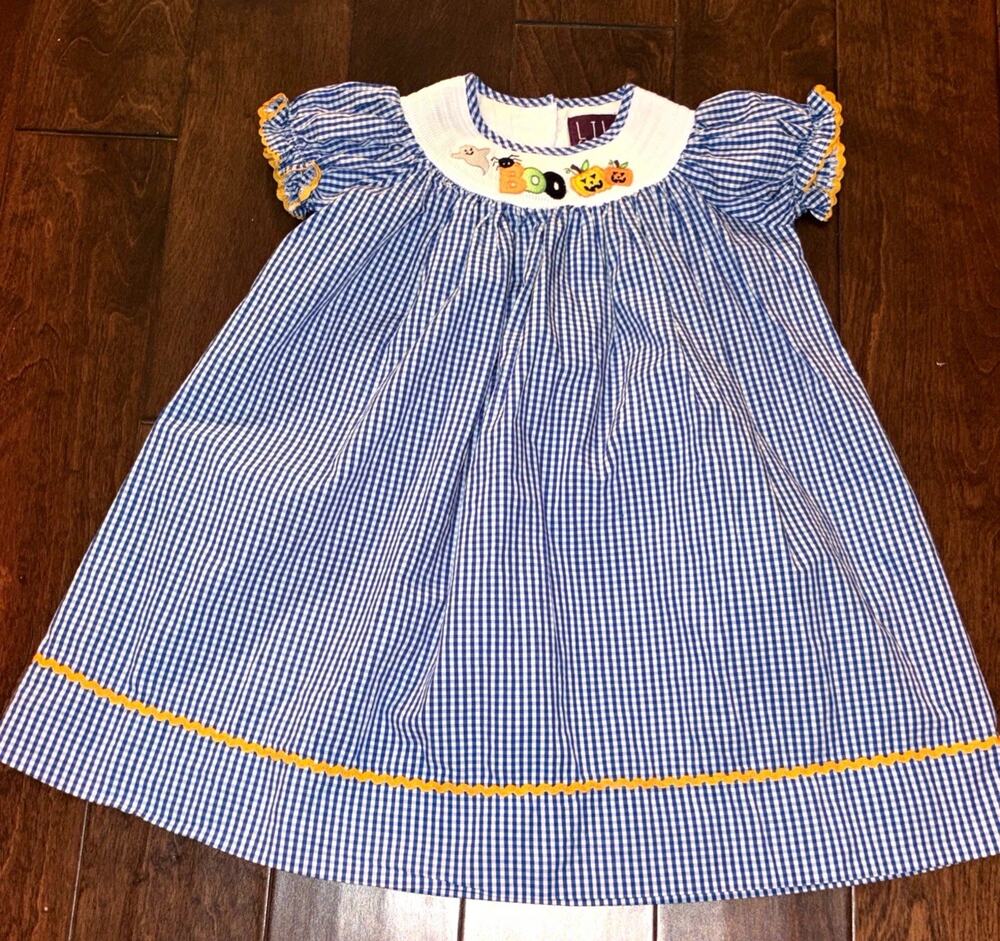 Lil Cactus blue gingham 'Boo' smocked angel-sleeve dress size 4T